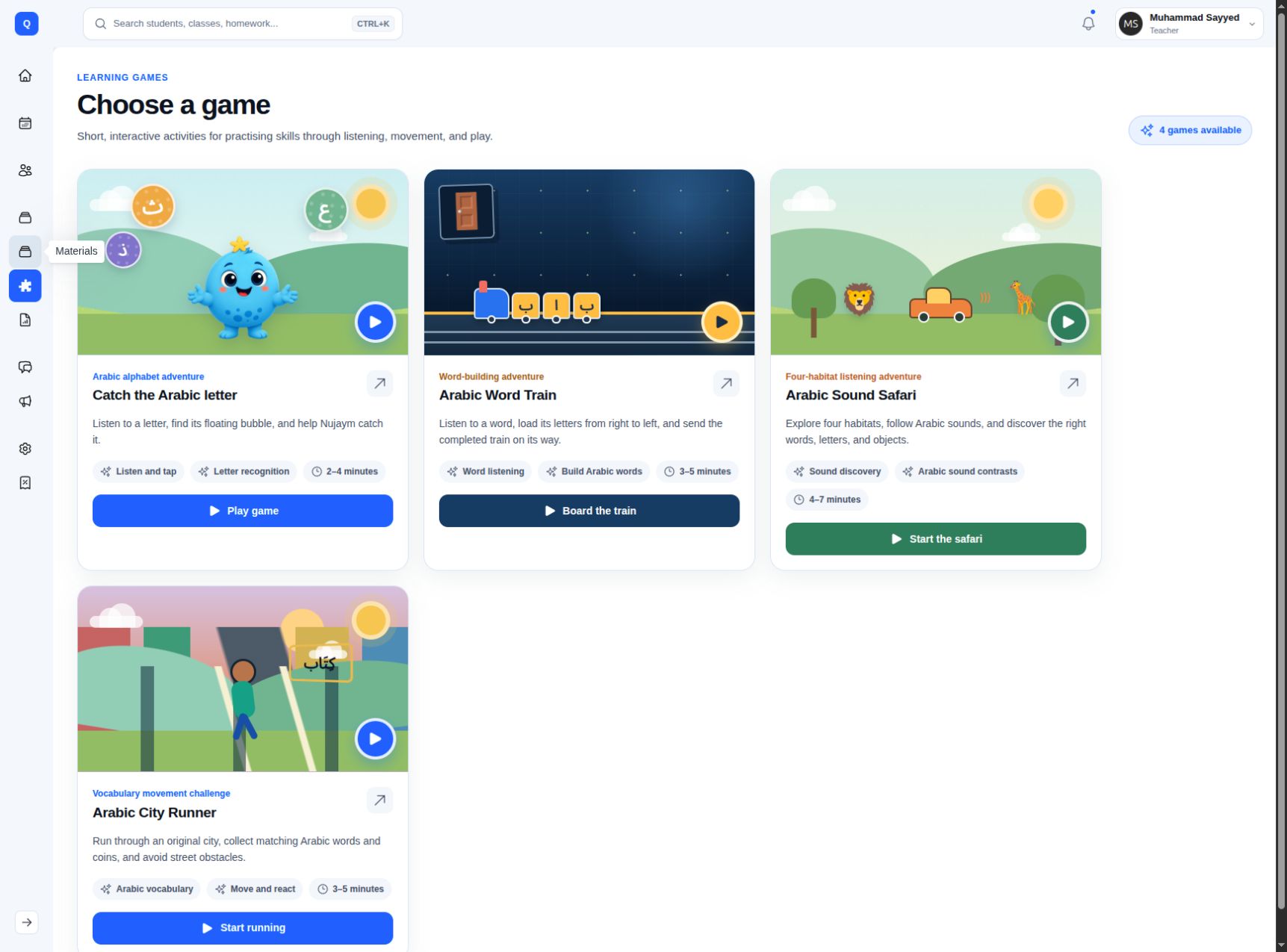 Rabt practice game library with Arabic learning activities