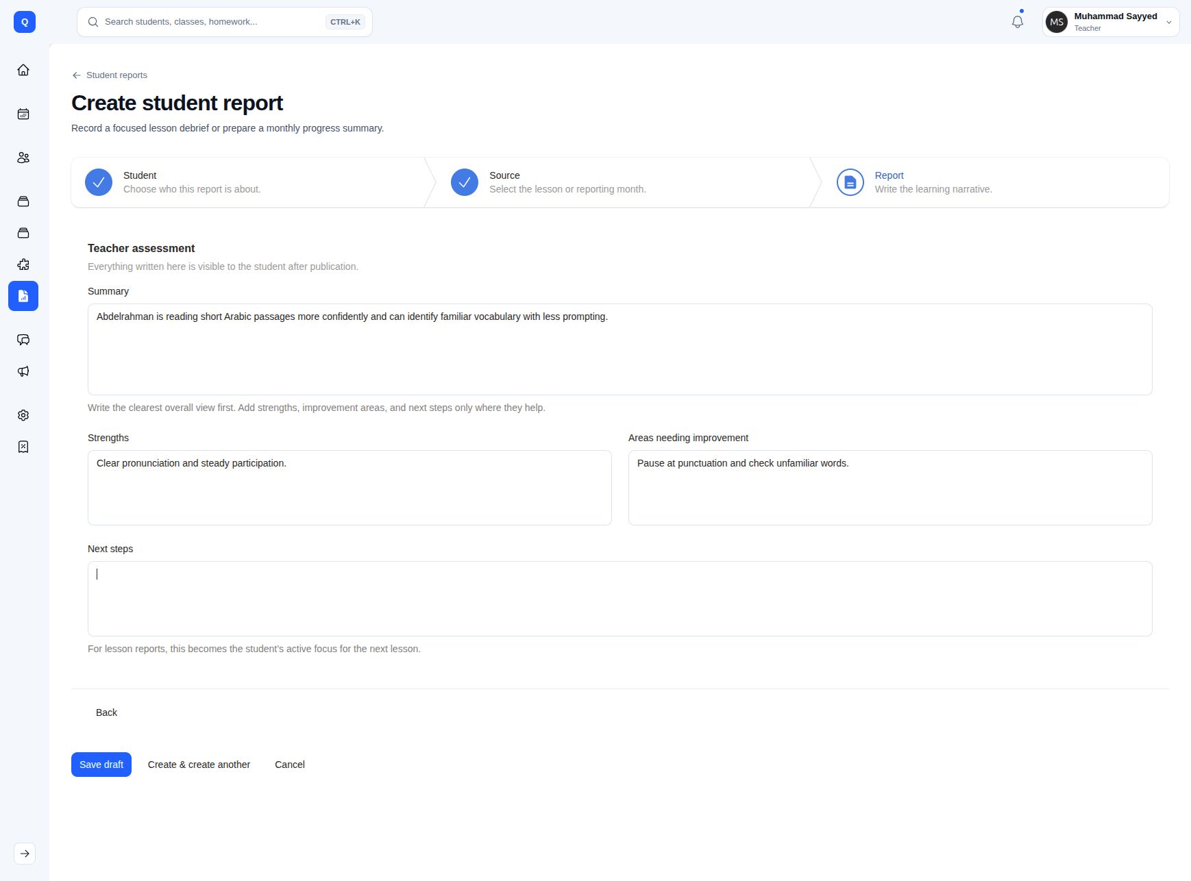 Rabt lesson-report editor with an AI-assisted draft ready for teacher review