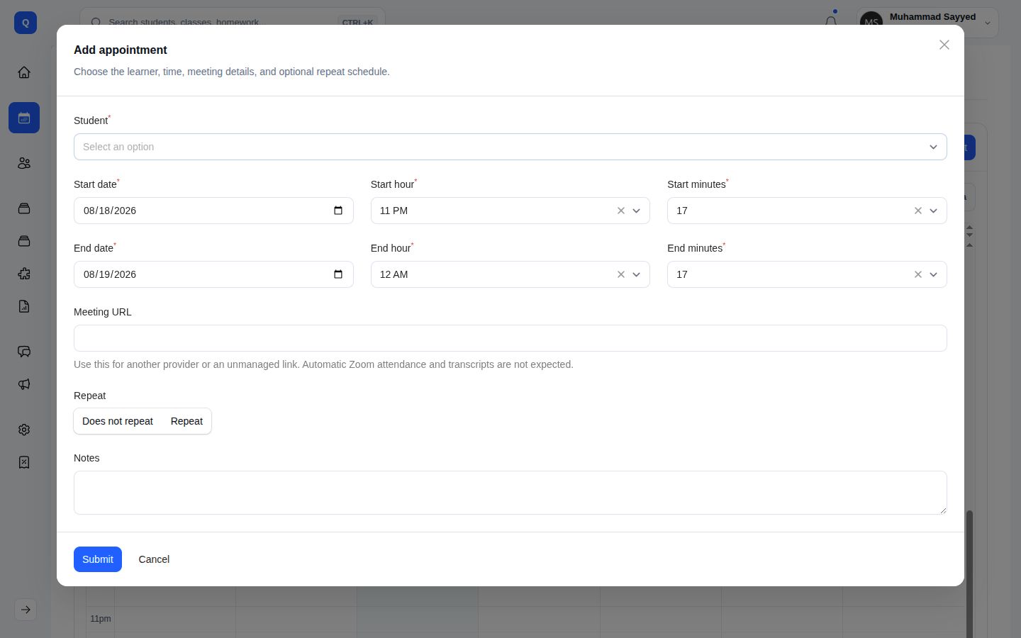 Rabt scheduling workspace creating Abdelrahman’s one-to-one Arabic appointment